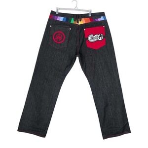 Vtg Y2K Coogi Baggy Blue Jeans Mens 42x35 Colorful Embroidered Rainbow Big Tall